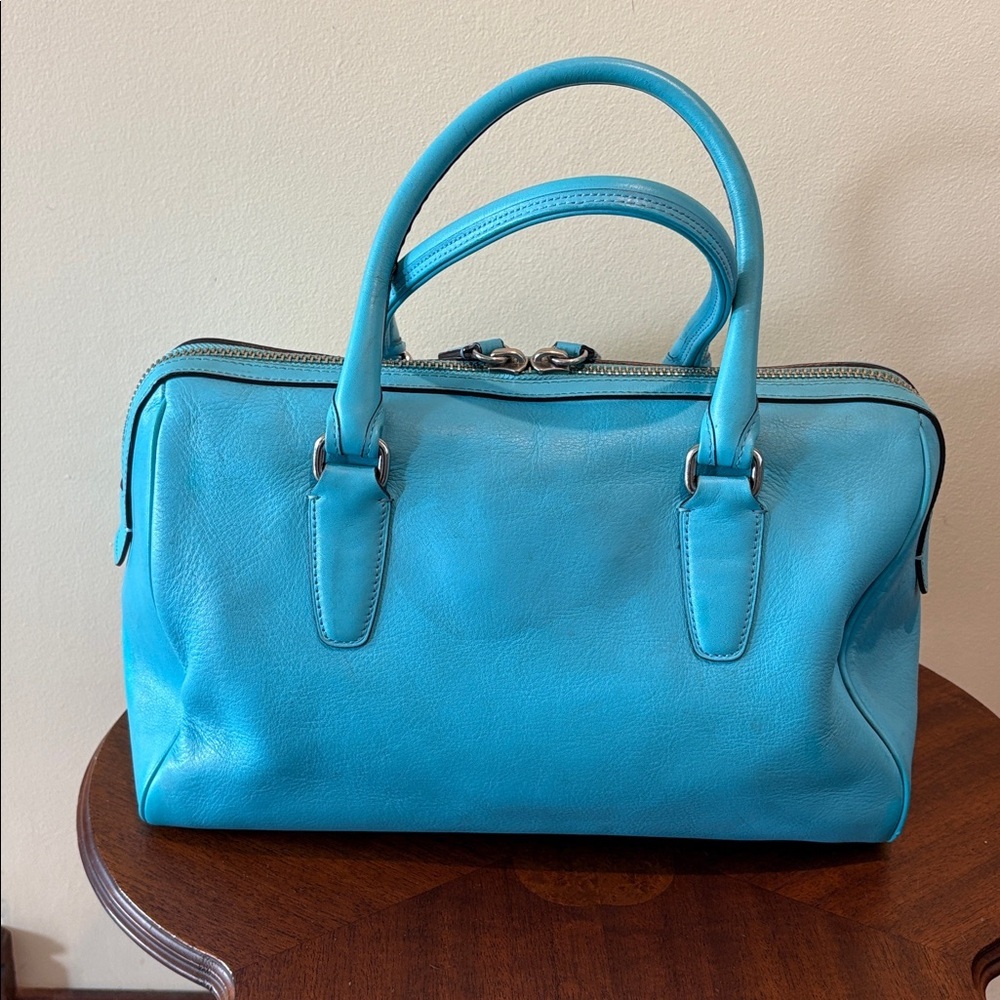 Coach perforated leather Haley Satchel turquoise/white tassels & hangtag Exce - Picture 8 of 17